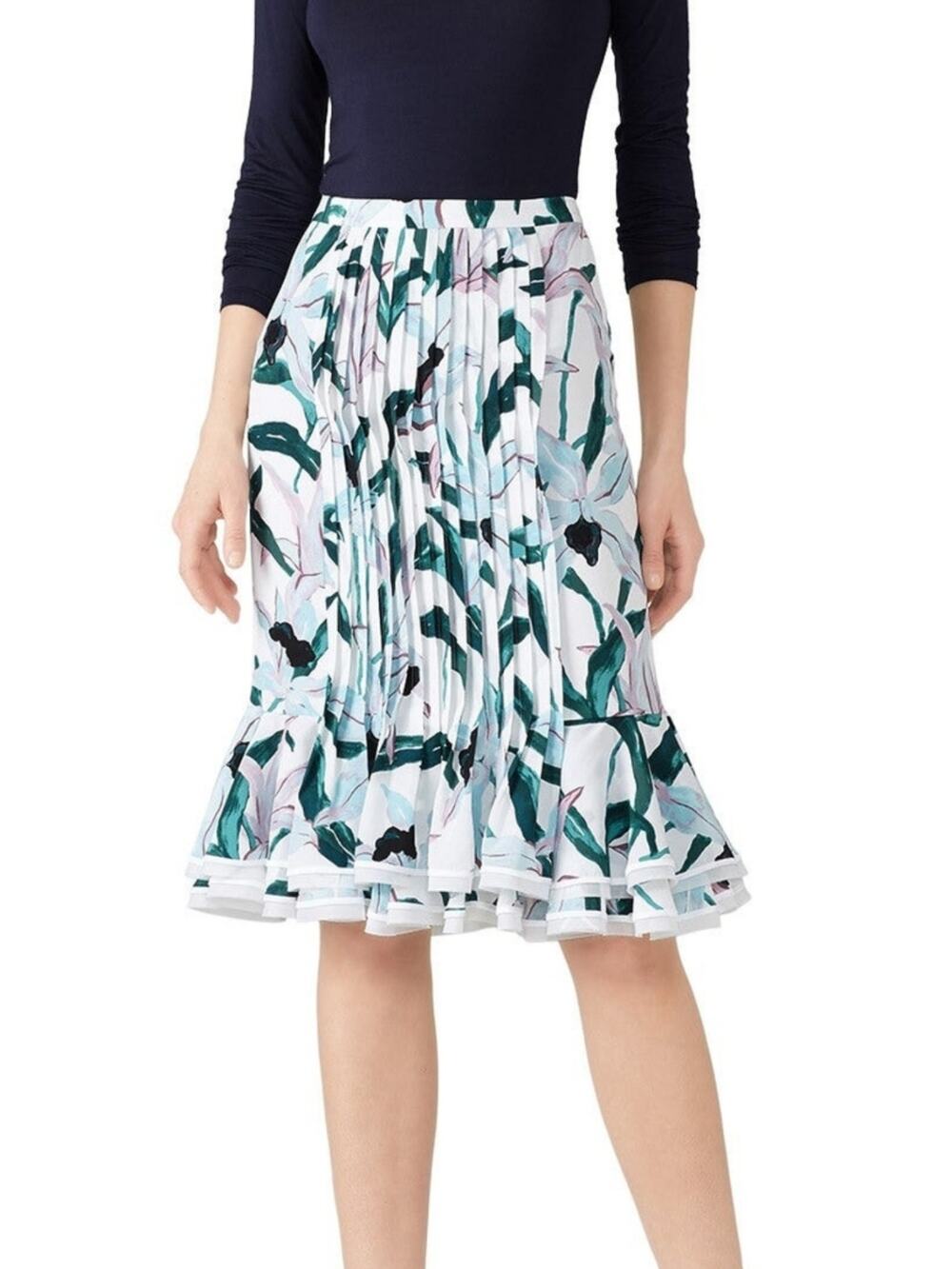 Tory Burch Louisa 100% silk floral pleated ruffled hem midi skirt Sz 6 feminine